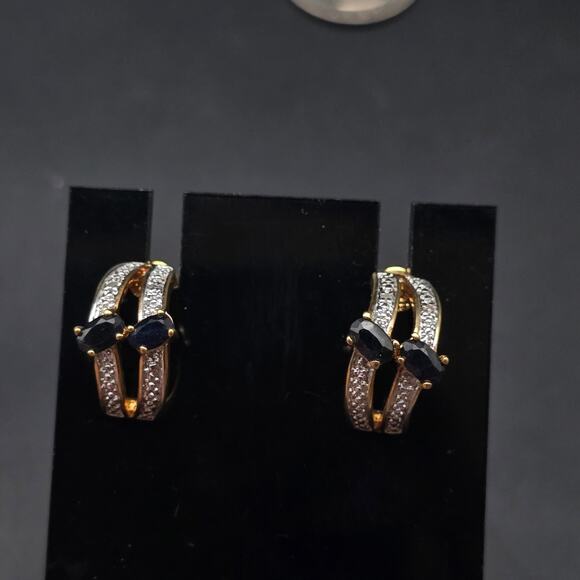 Dark Blue Sapphire Diamond Chip Earrings Curved Half Hoop Gold Plated - Picture 1 of 8